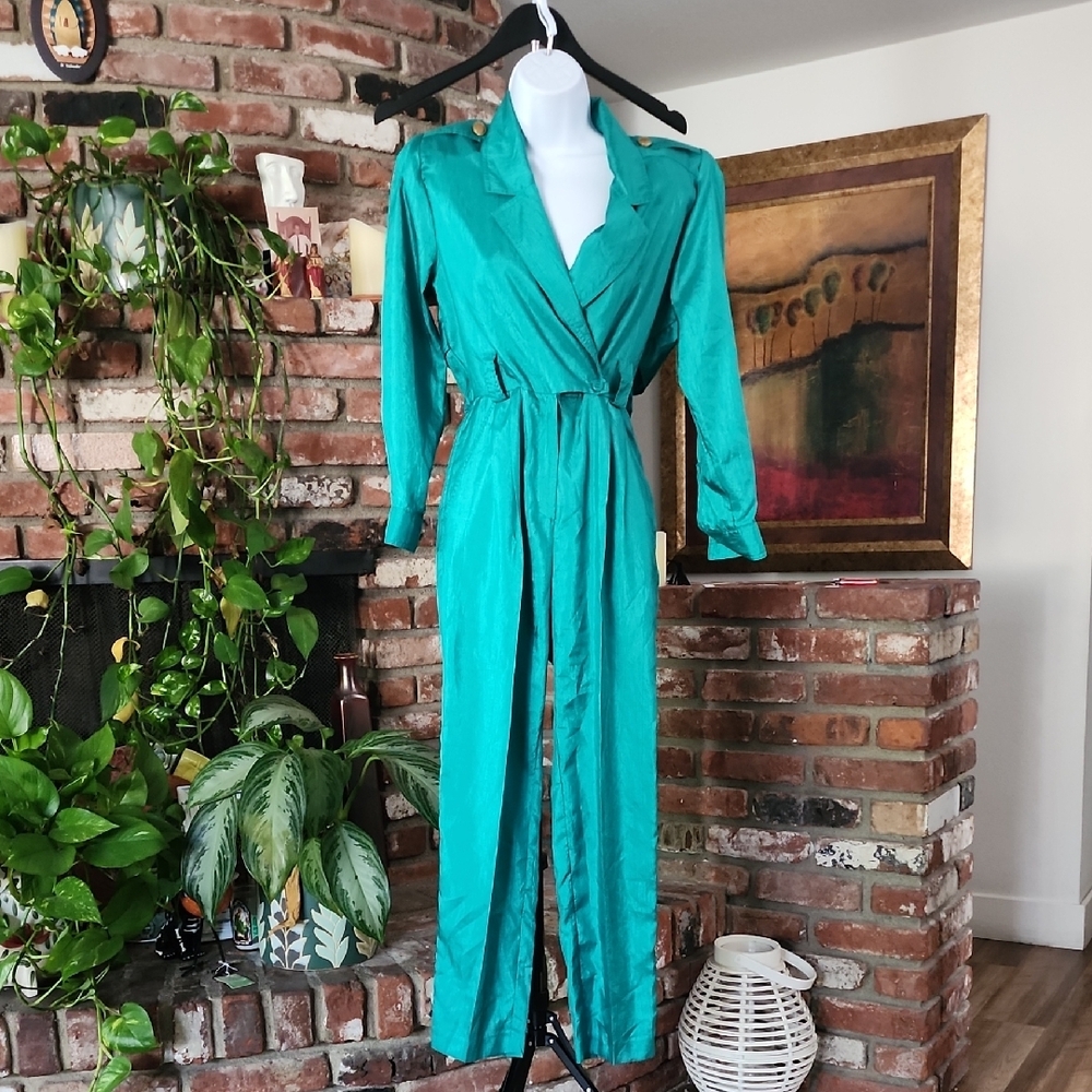 Joan Walters Rare Vintage Designer Emerald Green Retro Glam 70s Style Jump Suit